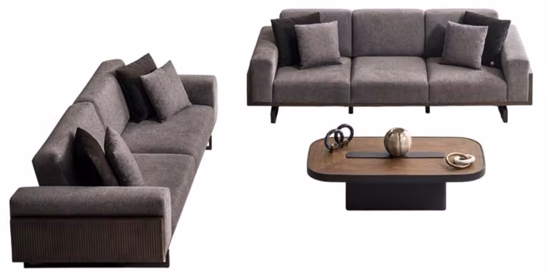 Braune Elegante Sofagarnitur Designer Dreisitzer Holz Couchtisch