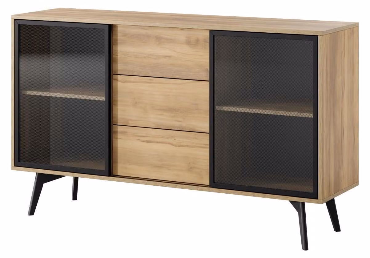 Mobile contenitore laterale FURNLUX, con cassetto, color marrone e nero, 144 cm / Colore principale: marrone / Dimensioni: 144 x 85 x 39 cm