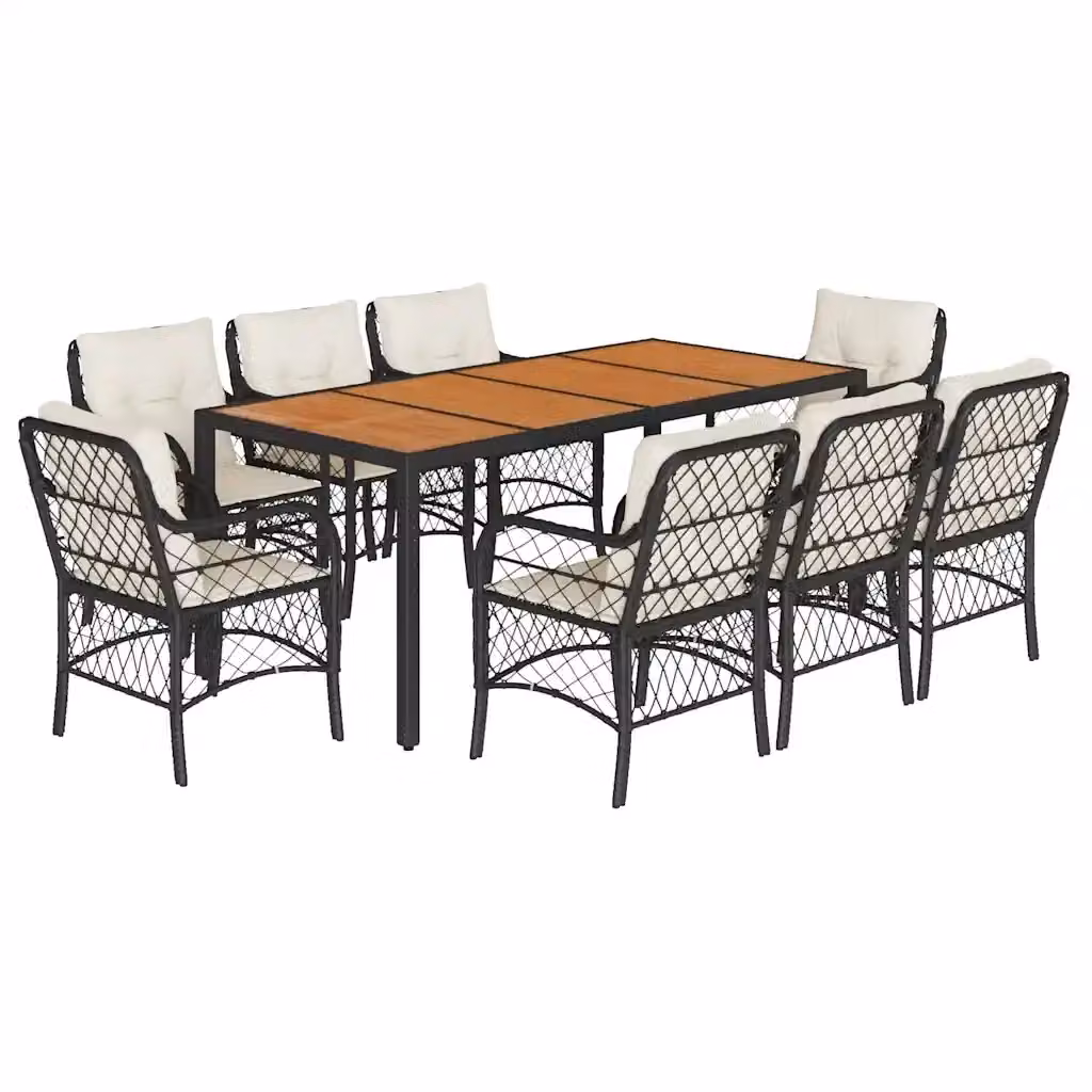 Set da Pranzo da Giardino vidaXL in Polyrattan e Legno di Acacia con 9 Pezzi e Cuscini Nero, Beige e Bianco – 2