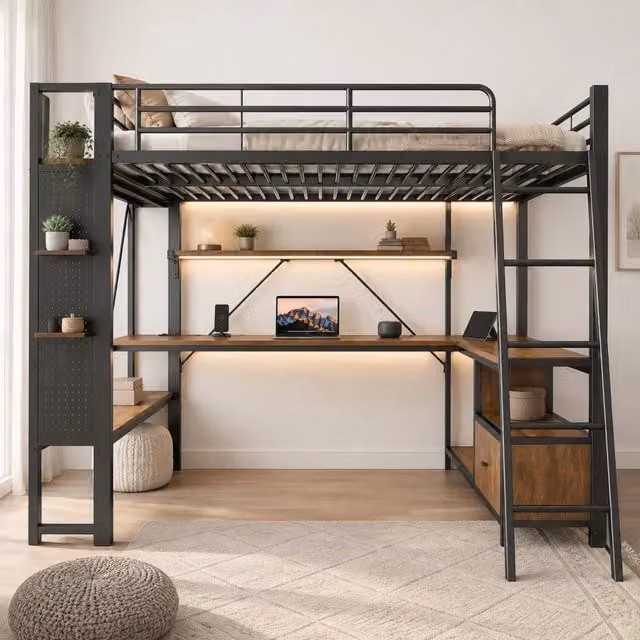 Letto a soppalco 140x200 cm con scrivania, LED e ripiani nero HAVRYA