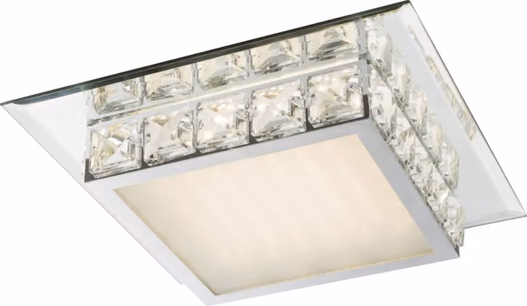 Globo Lighting plafoniera in metallo cromato, vetro opalino, cristalli trasparenti K5, bordo a specchio, LxPxH: 250x250x70mm, incl. LED 12W 230V, sorgente 1500lm, potenza 720lm, 4000K