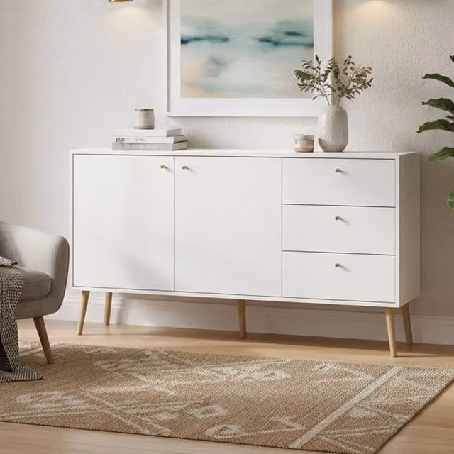 Credenza Erina DMORA, Buffet e Madia da Soggiorno o Cucina, Bianco Opaco, L: 147 cm, P: 39 cm, H: 82 cm