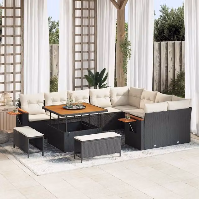 Set Divano da Giardino Moderno vidaXL da 13 Pezzi con Cuscini, Nero e Beige