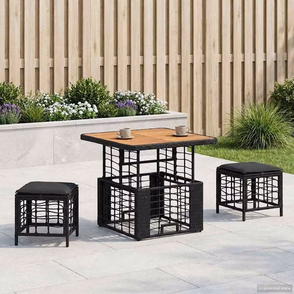 Set da pranzo per giardino e terrazzo vidaXL in rattan e legno di acacia color nero e grigio