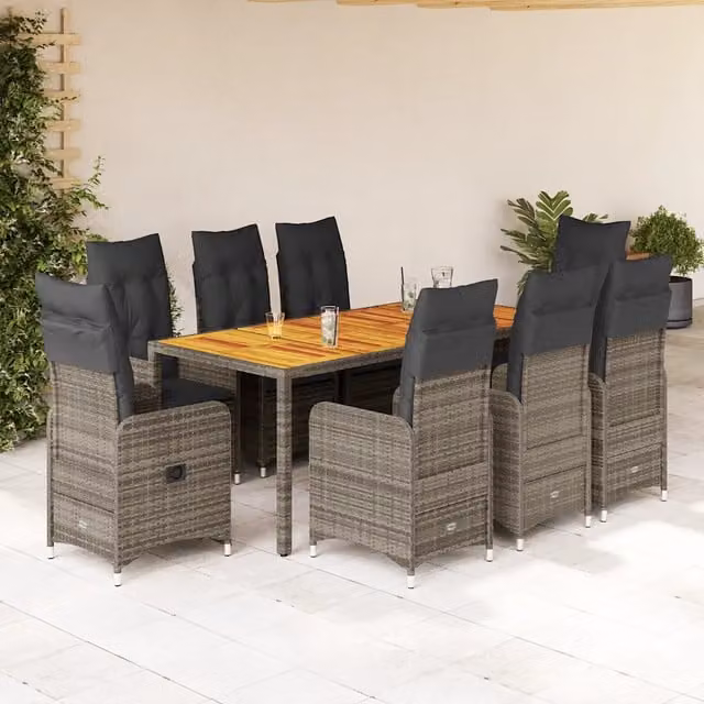 Set Bistrò da Giardino vidaXL in Polyrattan e Legno di Acacia Grigio con 9 Pezzi