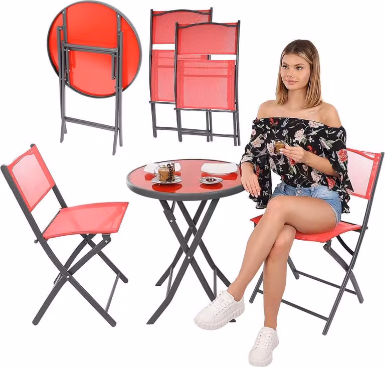 Set di mobili da balcone composto da tavolo rotondo e 2 sedie pieghevoli rosse