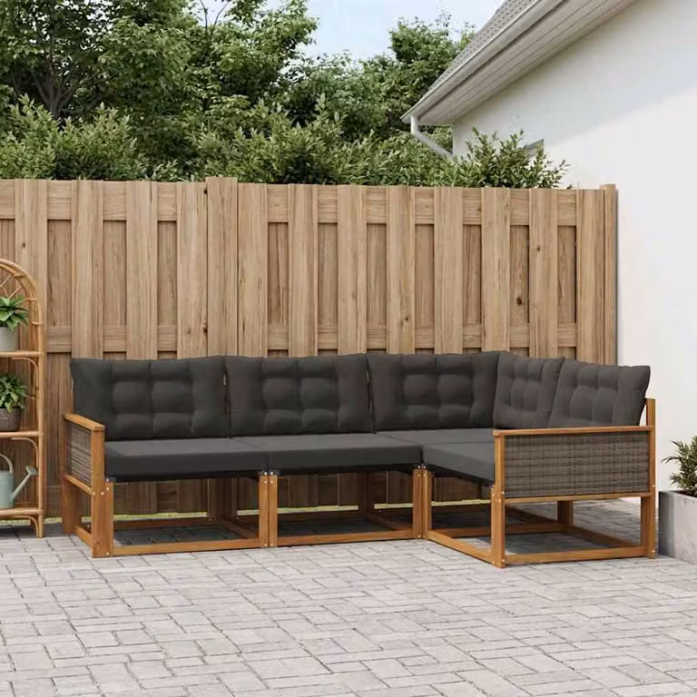 Set di divani da esterno vidaXL a forma di L composto da 4 pezzi in legno di acacia e textilene, colore marrone e nero