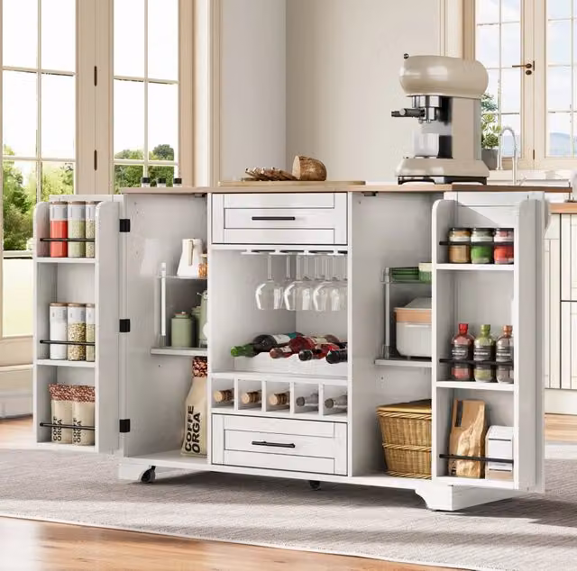Carrello cucina con piano ribaltabile e portabottiglie, bianco