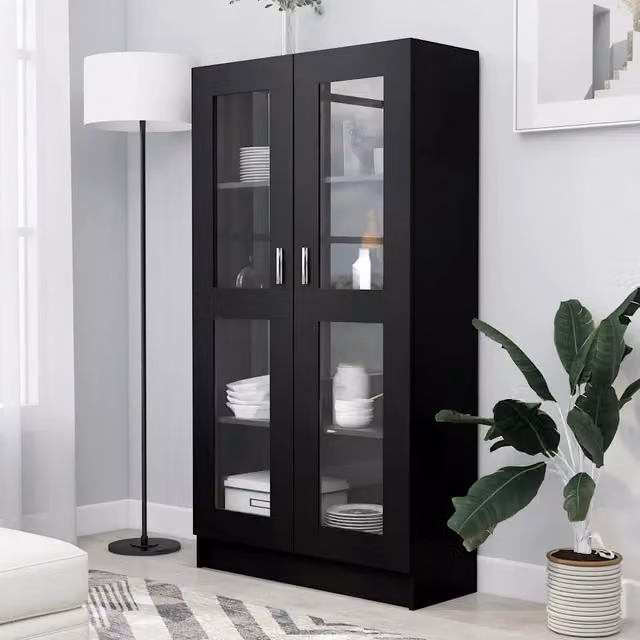 Armadietto con Vetrina vidaXL Nero Opaco in Legno con Ripiani Interni L: 82,5 cm, P: 30,5 cm, H: 150 cm – 1