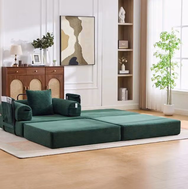 Poltrona 112x95x67 cm smeraldo in velluto a coste, con tasca laterale e cuscino