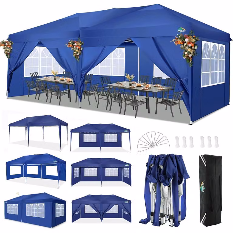 Gazebo da esterno 3x6 metri, colore blu navy, con 6 pareti laterali, impermeabile, protezione UV, struttura in acciaio, tessuto Oxford 210D