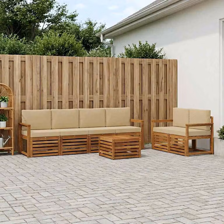 Set di divani da esterno vidaXL 7 pz in legno di acacia con cuscini beige e sabbia