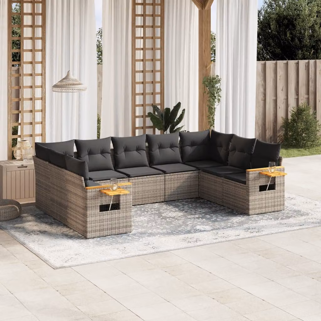 Set Divano da Giardino vidaXL 9 pz Grigio con Cuscini e Tavolino in Polyrattan e Legno di Acacia – 1