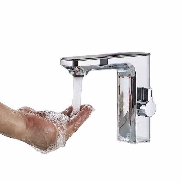 Rubinetto da bagno intelligente, tecnologia a doppio sensore, miscelatore acqua calda/fredda, cromo