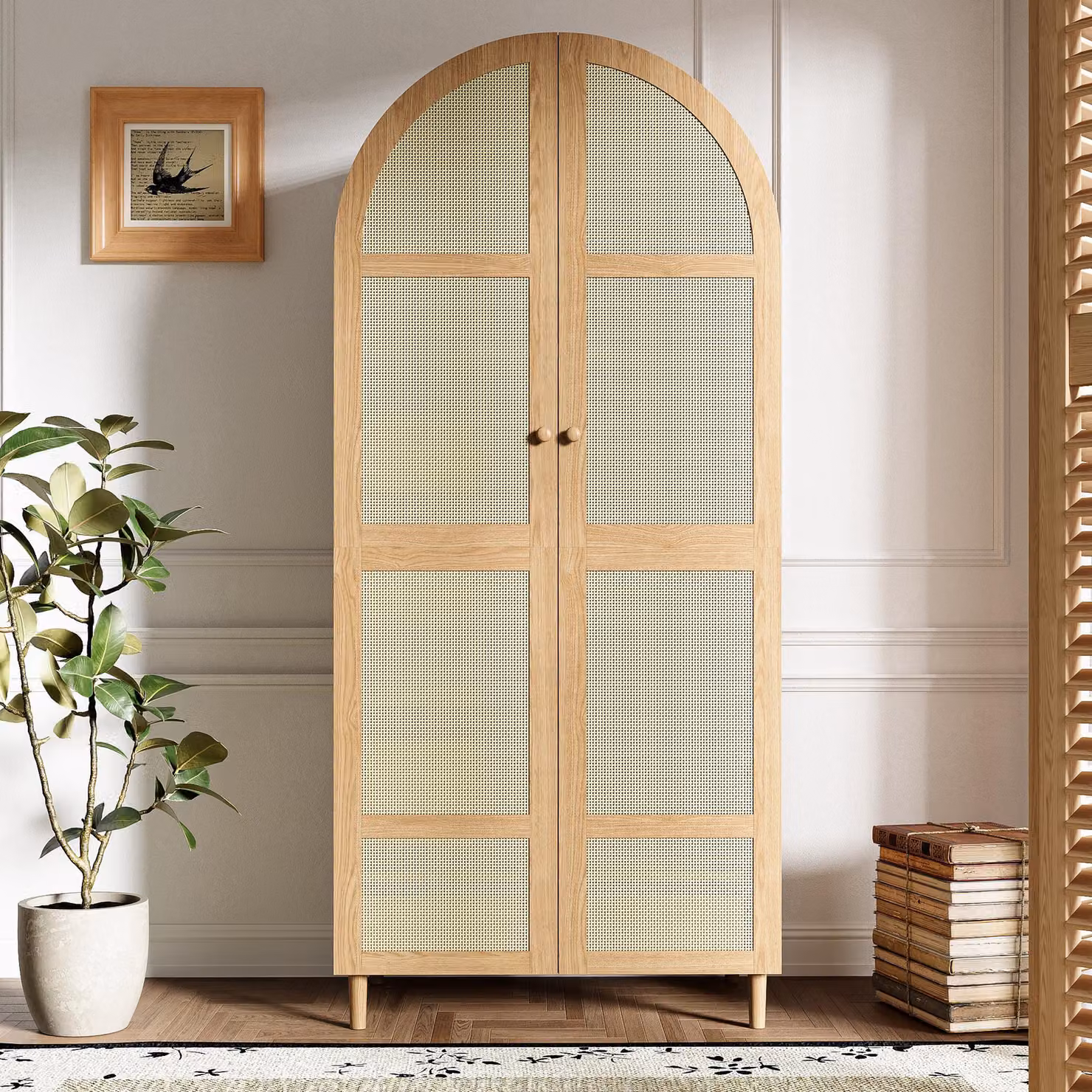 Armadio a muro con asta appendiabiti e cassetti, appendiabiti da ingresso con ante curve, ampio spazio di stoccaggio, armadio per cappotti, stile naturale