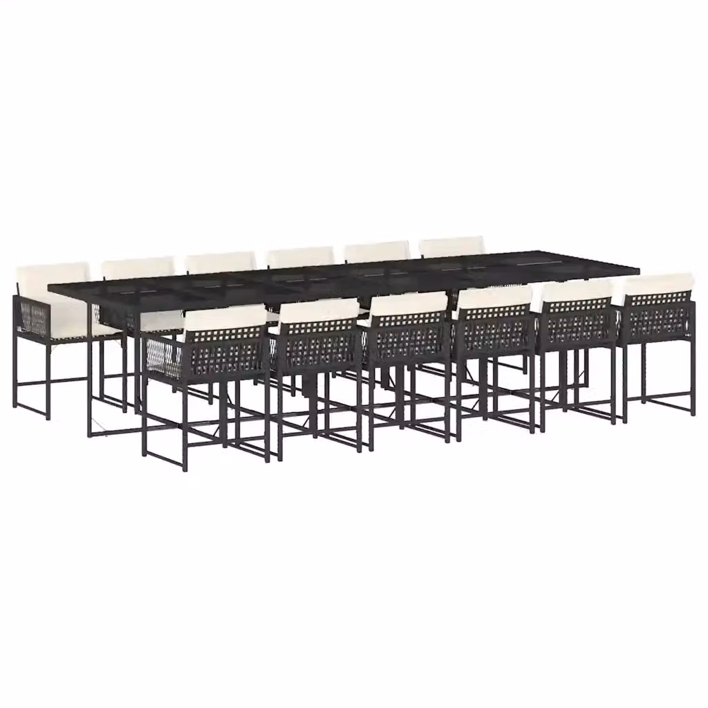 Set da Pranzo da Giardino vidaXL in Polyrattan Nero con Cuscini Bianchi e Tavolo in Vetro, 13 Pezzi – 2