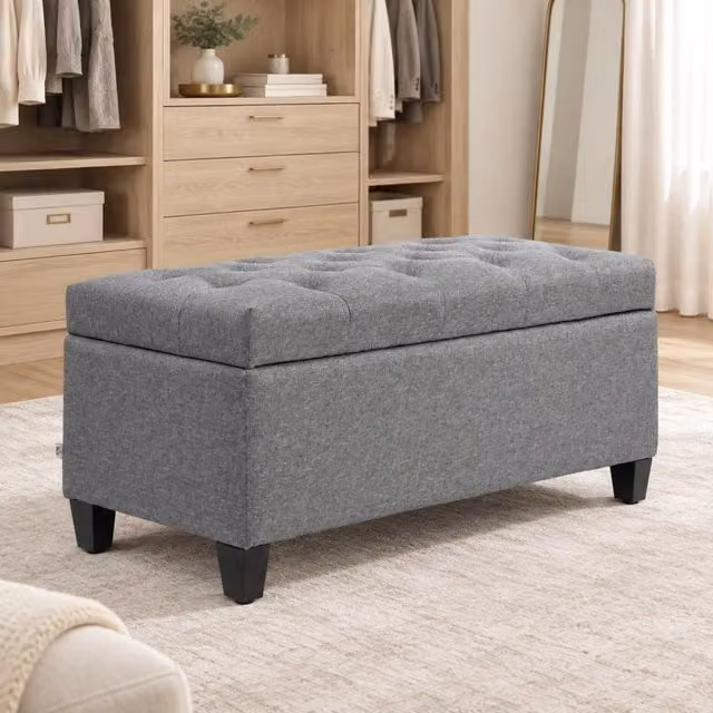Panca imbottita con contenitore in poliestere effetto lino e gambe in legno di gomma, 100x40x44 cm, grigio chiaro
