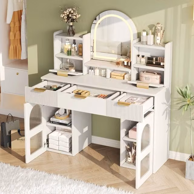 Toletta Hollywood con Specchio LED REDOM, Bianco, L 120 cm x P 40 cm x H 139,5 cm con 3 Cassetti e 2 Ante in Vetro Trasparente