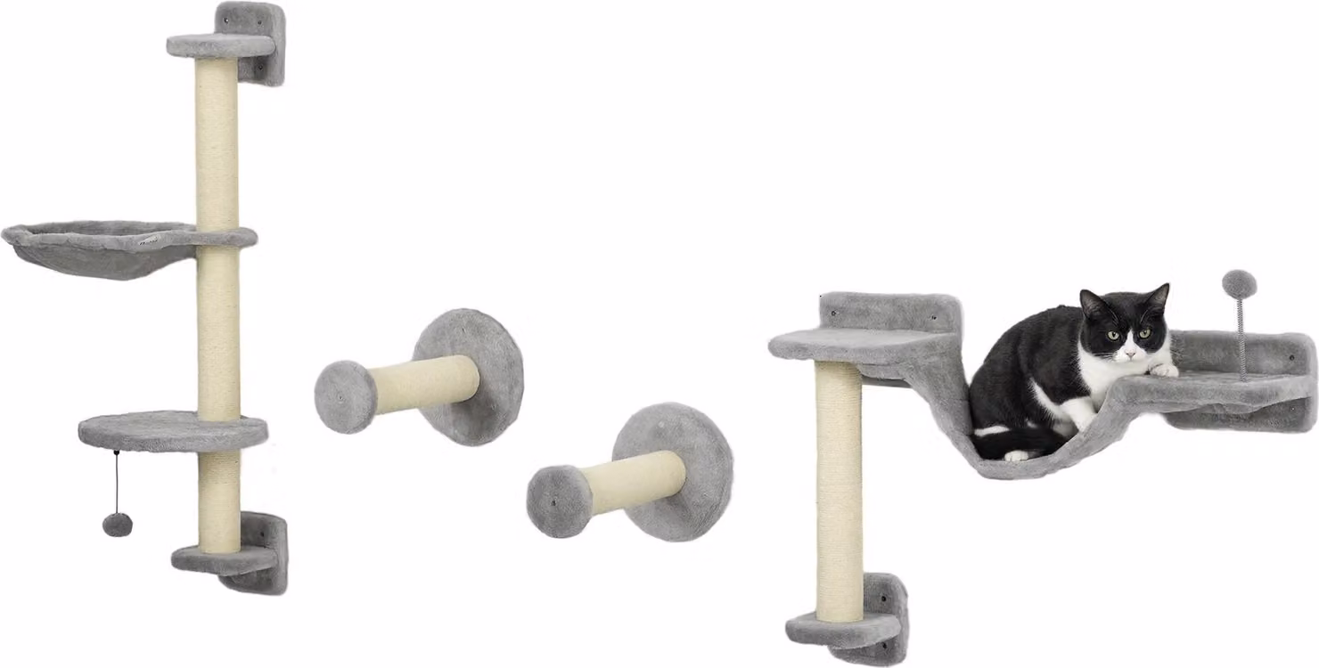 PawHut Albero per gatti completo da parete 4 pezzi amaca, pompon, piattaforme per saltare, palo in sisal e scala in peluche grigio