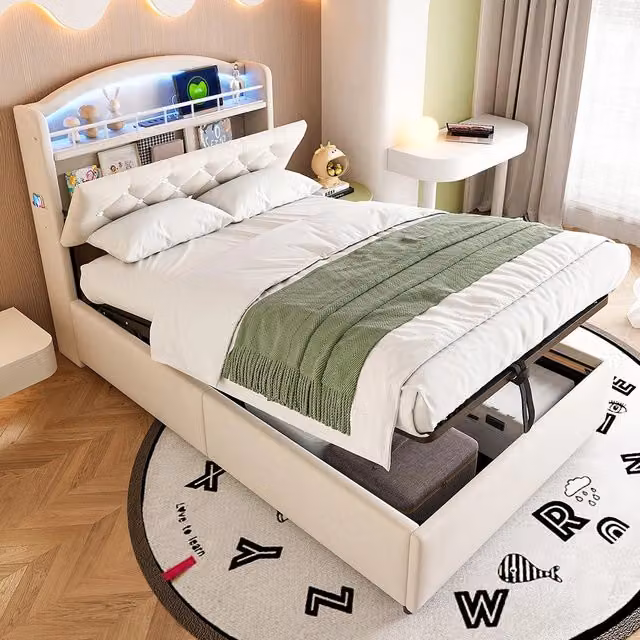 Letto bambino-Xylo-90x200 cm-LED, USB, spazio idraulico, velluto beige