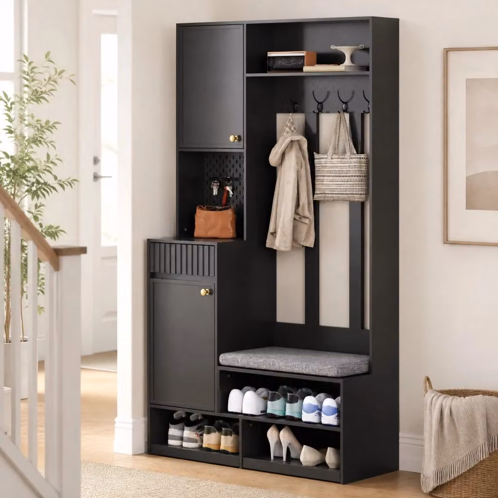 Set di mobili da ingresso moderno MIVRAY nero con panca imbottita, armadio, cassetti, 4 ganci e pannello forato L/P/H: 100 x 35 x 180 cm – 2