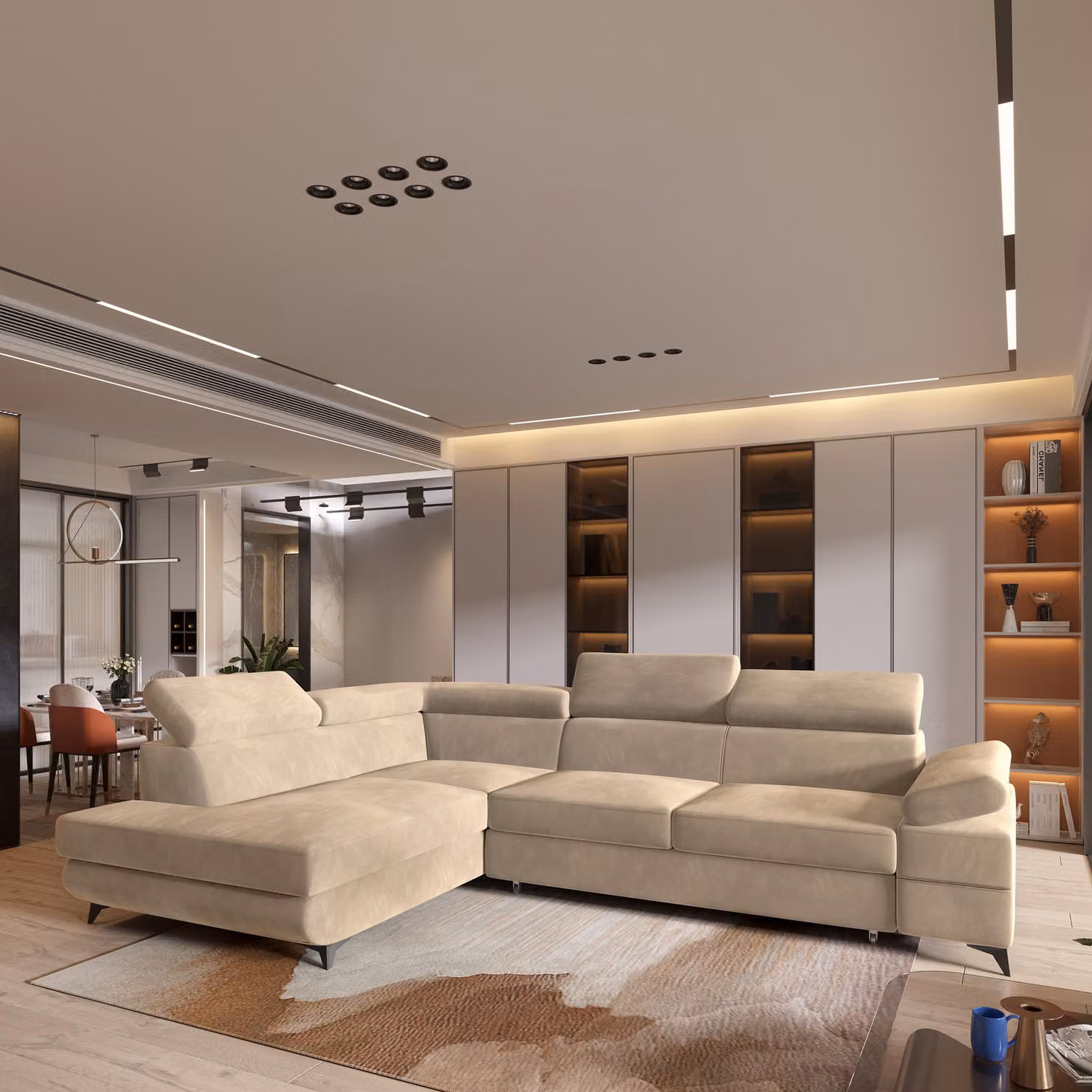 Divano angolare FAVIEN L-S di Masseno con funzione letto a L, divano con box letto, divano da soggiorno, divano, divano letto, set divano crema, MONOLITH 04