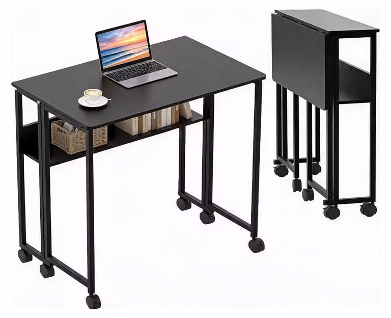 Tavolo pieghevole per computer con rotelle - Tavolino mobile - Con ripiano - Rettangolare - 50 x 63 x 75 cm (L x P x A) - Nero - Non richiede montaggio