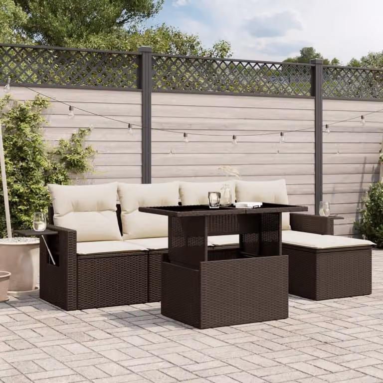 vidaXL Set Divano da Giardino 6 pz in Polyrattan Marrone con Cuscini e Tavolino con Piano in Vetro