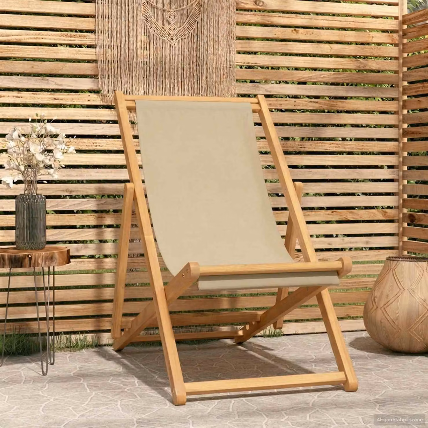 Sedia da spiaggia vidaXL in legno di teak e tessuto beige resistente ai raggi UV