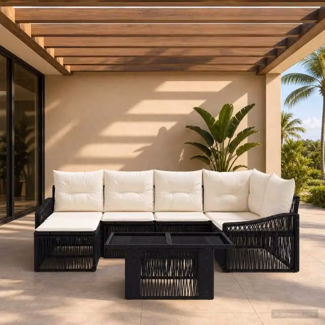 Set Divano da Giardino 7 pz Nero e Bianco Crema polyrattan 3437281