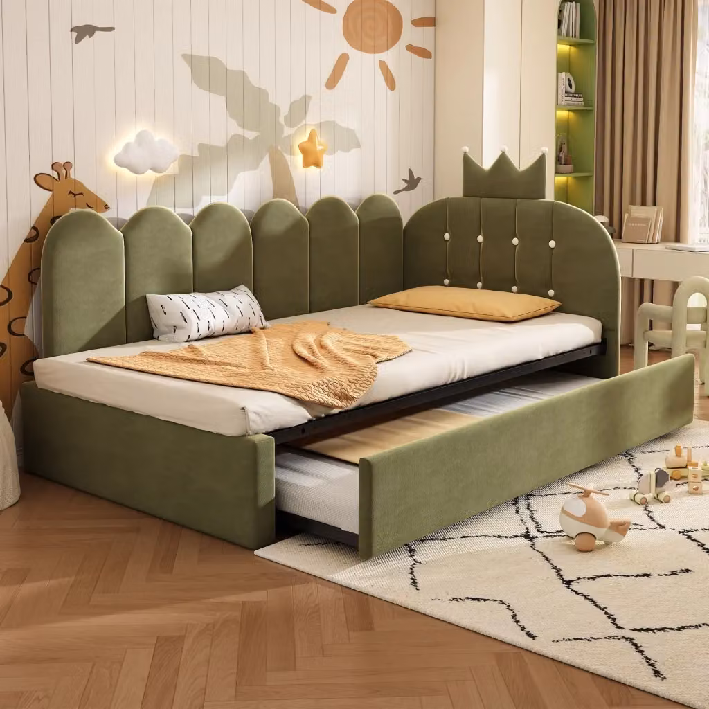 Letto singolo estraibile in velluto verde con testiera imbottita e cassetti, L/P/H: 90 x 200 x 98 cm – 2