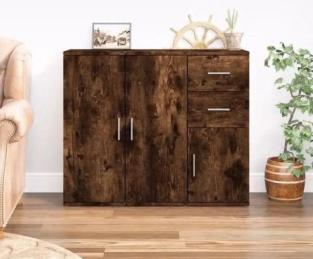 Credenza Buffet Design Mania in Legno Rovere Fumo con Ante a Battente, L 91 cm, P 29,5 cm, H 75 cm