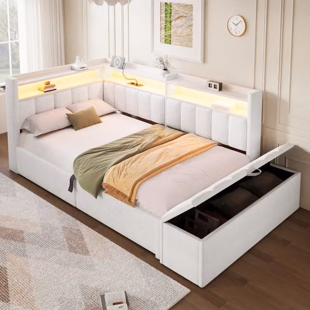 Letto contenitore 90 x 200 cm con contenitore idraulico, LED e USB-A/Type-C, singolo imbottito in velluto bianco crema con panca contenitore mobile