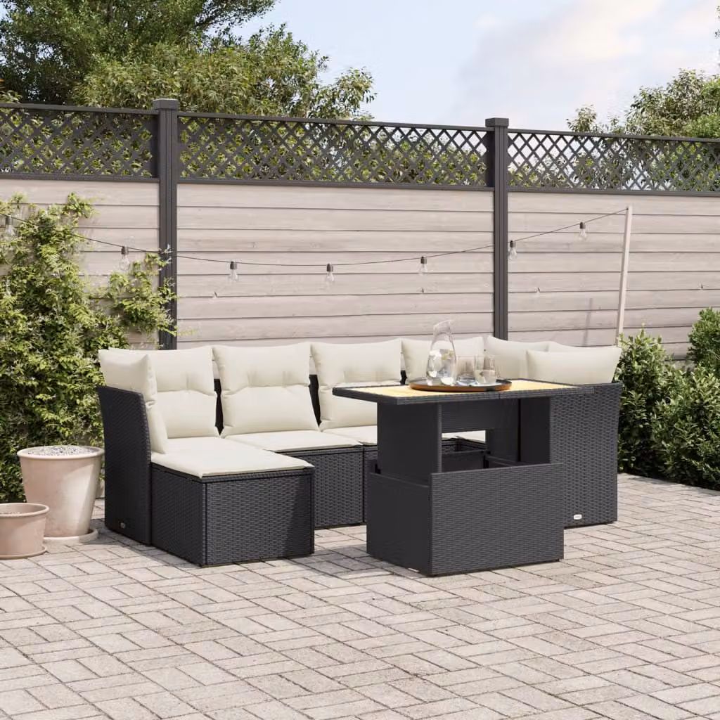 Set Divano da Giardino a L vidaXL con Cuscini e Tavolino da Caffè, Struttura in Metallo e Legno di Acacia, Nero e Bianco – 1