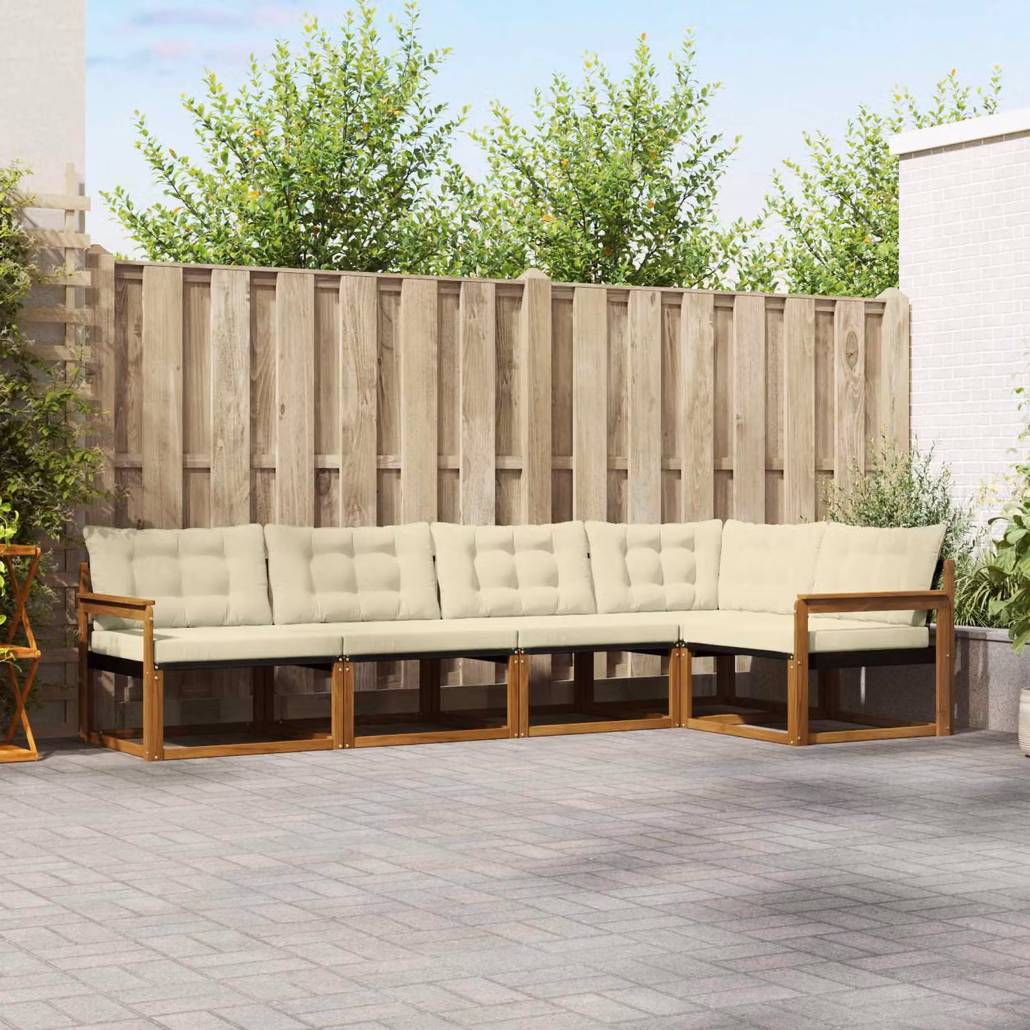 Set di divani da esterno vidaXL a forma di L in legno di acacia con cuscini beige e marrone