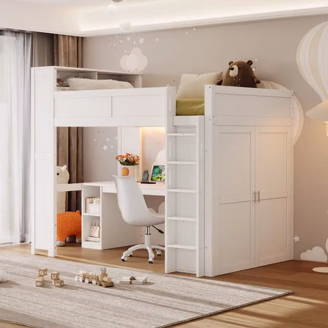 Letto a soppalco 90x200 cm con scrivania; armadio e LED in MDF e legno di pino bianco