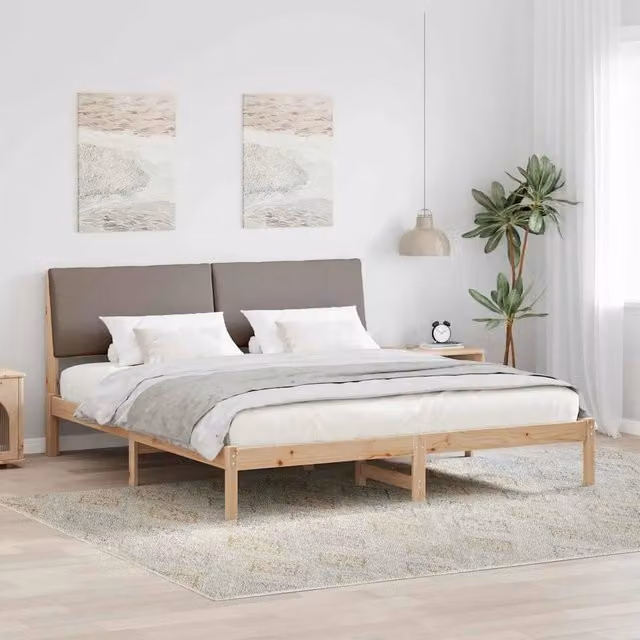 Struttura del letto moderna vidaXL in legno di pino con testiera in tessuto, colori marrone, beige e grigio, L/P/H: 200 x 200 x 93,5 cm