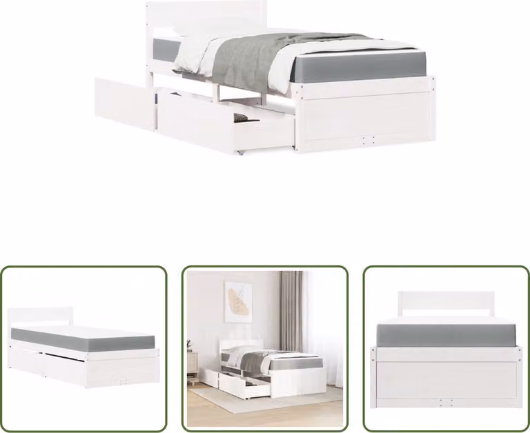 The Living Store Letto con cassetti e materasso bianco 90x200 cm in legno massiccio