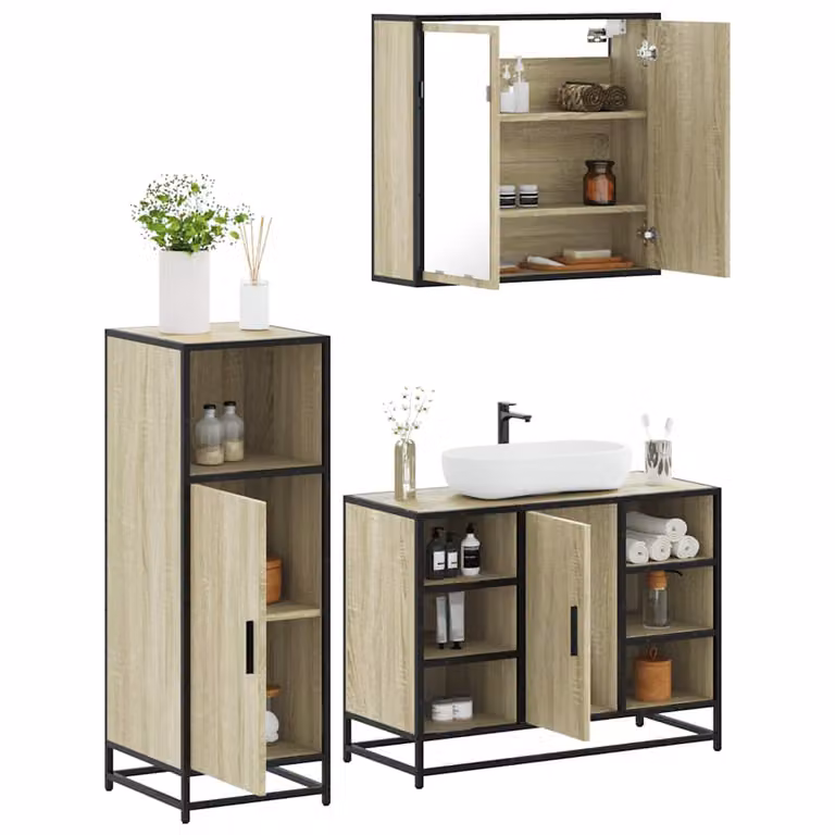 Set di mobili da bagno 3 pezzi vidaXL in stile industrial color rovere con mobile lavabo e armadietto specchio in legno e metallo L/P/H: 80 x 33 x 60 cm