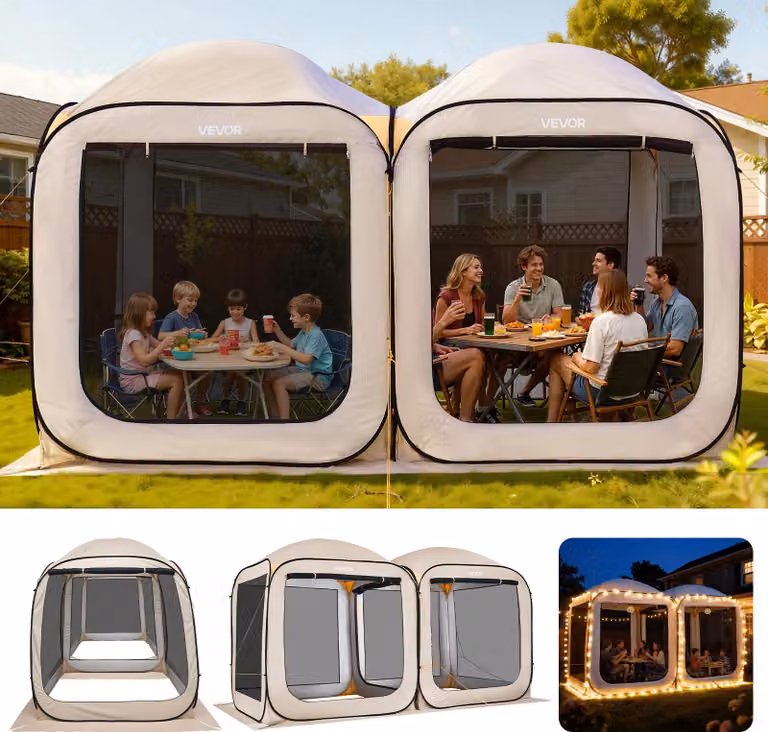 Tenda da campeggio VEVOR, 365,76x182,88 cm, tenda pop-up 2 in 1, tenda portatile per feste con borsa per il trasporto, pareti laterali in rete e picchetti per il terreno, per giardino, patio e attività all'aperto, Beige