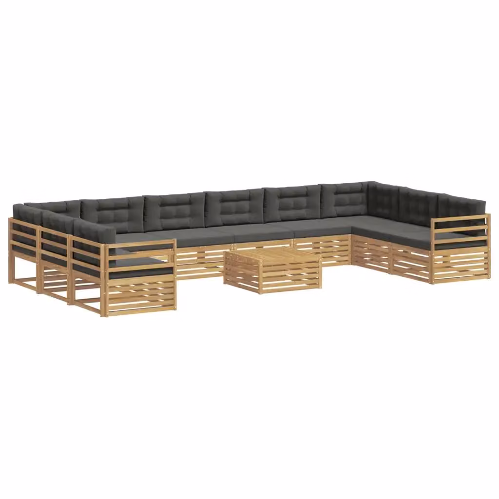 Set di divani da giardino a L con tavolo da caffè vidaXL in legno di acacia marrone e grigio con 11 pezzi e cuscini inclusi – 2