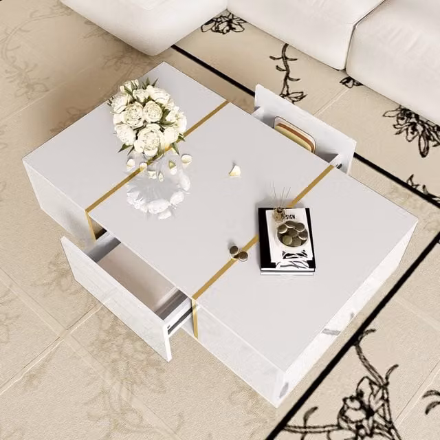 Tavolino basso OKWISH per soggiorno con 2 cassetti, finitura bianca lucida e dettagli dorati in MDF, L: 100 cm, P: 60 cm, H: 41,5 cm
