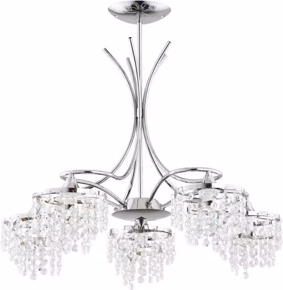 Lampadario a soffitto Alfa in cristallo e metallo cromato con 5 luci E14, argento e trasparente