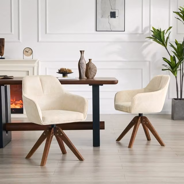 Set da 2 Sedie da Pranzo Girevoli 360° in Tessuto Crema e Gambe in Legno Massello Noce Sedie Ergonomiche per Soggiorno