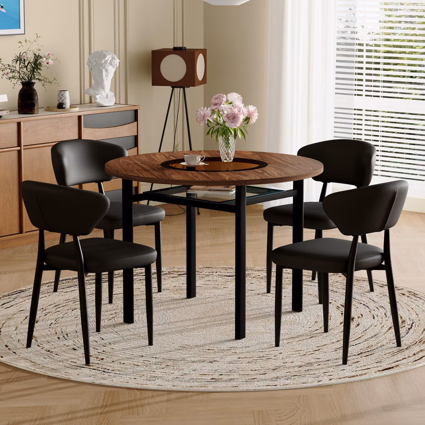 STILVORA Tavolo da pranzo rotondo da 100 cm con 4 sedie da pranzo inPoliuretanonero – intarsio in vetro, effetto legno, set da cucina moderno