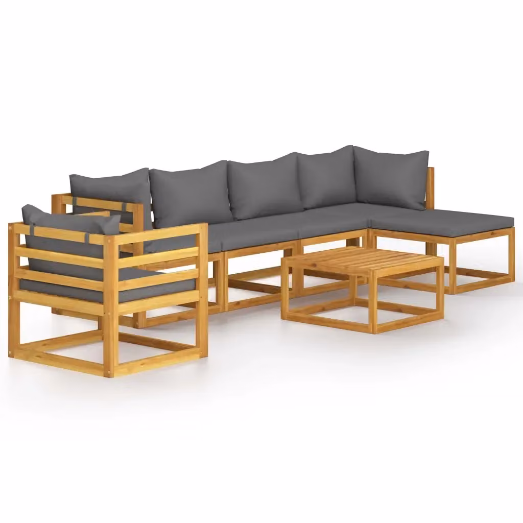 Set da giardino vidaXL composto da 7 pezzi in legno di acacia con cuscini grigi e tavolino coordinato – 2