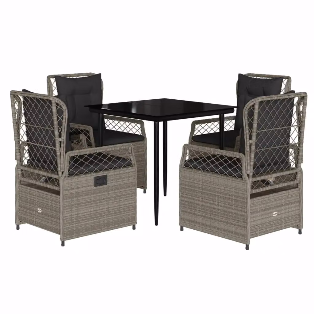 Set Pranzo da Giardino vidaXL in Polyrattan con Cuscini e Piano in Vetro, Grigio e Nero – 2