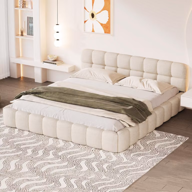 UnboxG Letto imbottito 140x200cm con rete a doghe, letto con rete e contenitore, letto matrimoniale funzionale, biancheria, beige