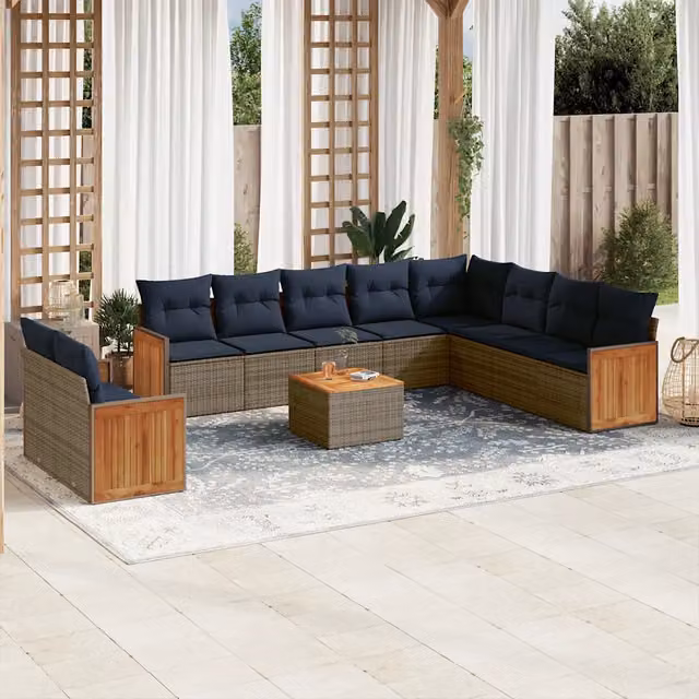 Set di divani da giardino vidaXL in polyrattan e legno di acacia con 11 pezzi e cuscini grigi e blu – 1