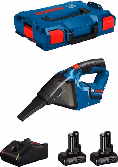 Aspiratore Bosch GAS 12V-LI Blu con 2 batterie da 6,0 Ah, caricabatterie GAL12V-40 e L-Boxx 102 – 1